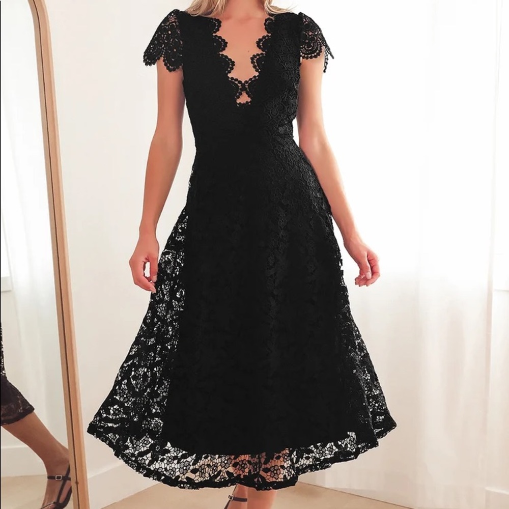 Black lace midi dress from Lulus